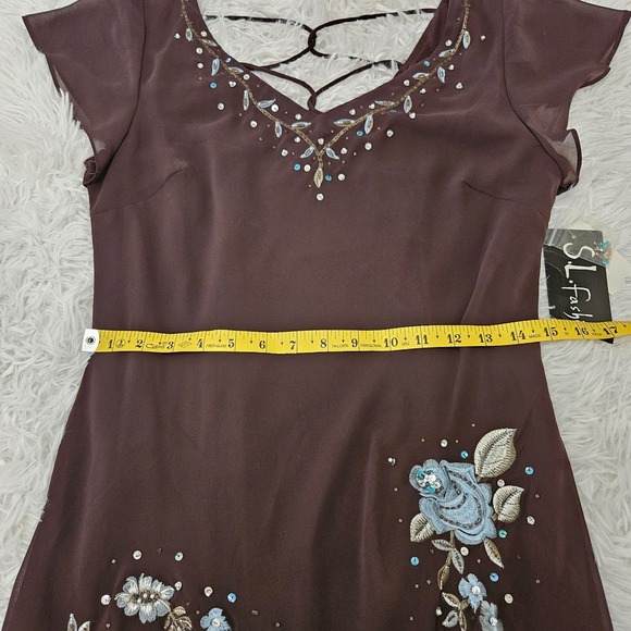 S.L. Fashions Sz 12 Y2k Brown Beaded Floral Embroidery Fairycore Whimsical Dress - Picture 7 of 10